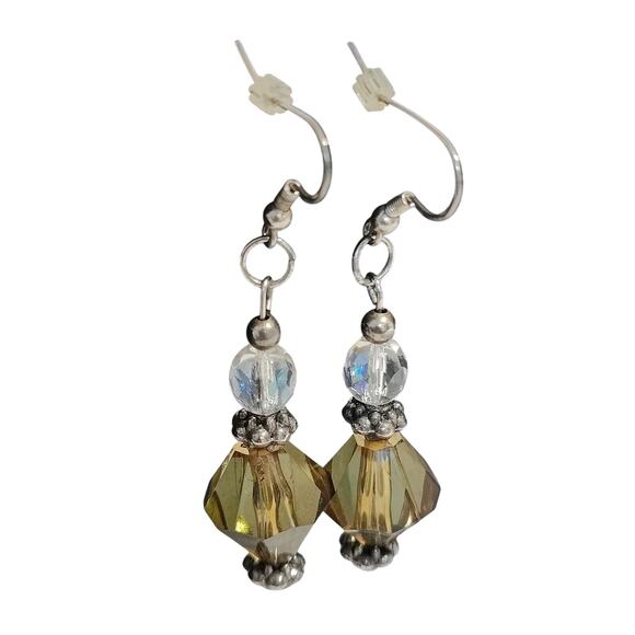 Green Glass Beaded Silver one Drop Dangle Earrings Pierced Fish Hook Arty Whimsy - Picture 1 of 3